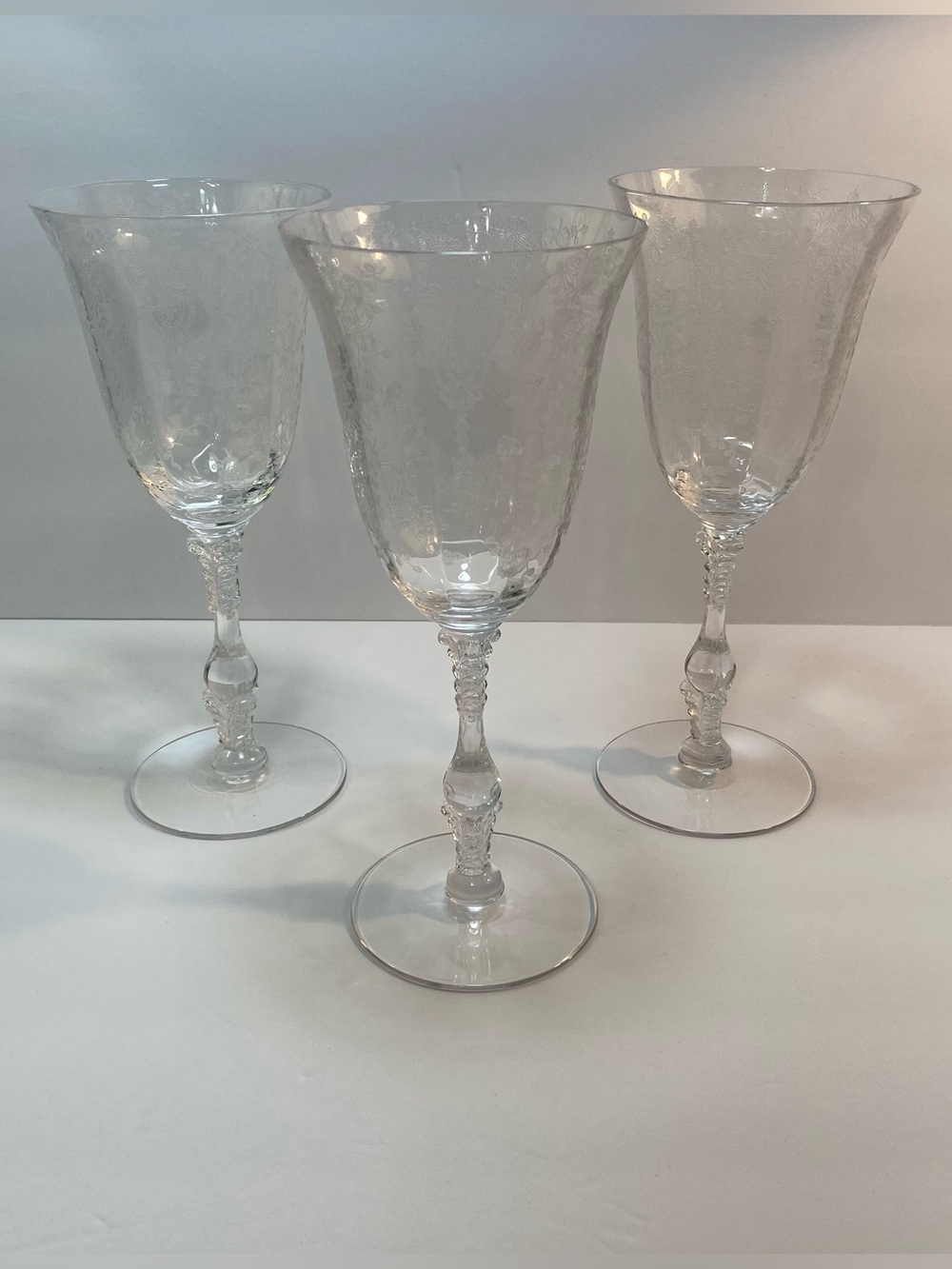 3 Cambridge Rose Point Clear Water Goblet Etched Crystal Glasses 8 1/4” 3212